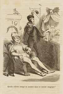 Édouard Frère after Moritz Retzsch, Quelle céleste image se montre dans ce miroir magique!, woodcut by François Rouget, (enlarged) detail vignette of Faust contemplating the magic-mirror woman, in Faust par Wolfgang Goethe: Traduit de l’allemand par Gérard de Nerval (Paris: J. Bry aîné, 1850), 12b