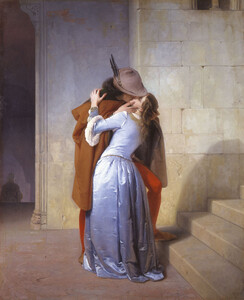 Francesco Hayez, Il Bacio. Episodio della giovinezza. Costumi del secolo XIV, oil on canvas, 1859, 112 × 88 cm, first version