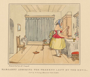 Alfred Crowquill, Margaret Admiring the Present Left by the Devil, coloured version, in Faust: A Serio-Comic Poem with Twelve Outline Illustrations (London: B. B. King, 1834), pl. 6