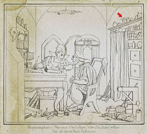 Mephistopheles: Nur eins! Um Lebens oder Sterbens willen. Bitt’ich nur ein Paar Zeilen aus, in Bilder zu Goethes Faust von Anselmus Lachgern (Leipzig: C. F. Doerffling, 1841), pl. 1