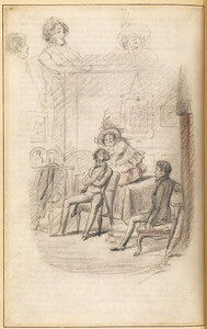 Phiz (Hablôt Knight Browne), I make the acquaintance of Miss Mowcher, original pencil and crayon sketch A with extra sketches, added to the original edition of Dickens, The Personal History of David Copperfield (London: Bradbury and Evans, 1850), copy 9, facing p. 232