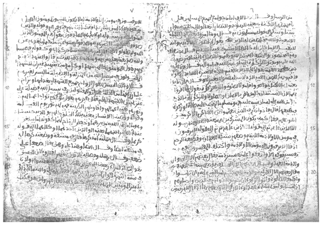 Figure 8.1: This image comes from a photocopy of a manuscript copy of KitÄb badʾ al-islÄm wa-sharÄʾiÊ¿ al-dÄ«n, also known as the KitÄb Ibn SallÄm. The original manuscript was held in the al-BaÊ¿á¹Å«rÄ« library, where it was discovered in the second half of the twentieth century by Tunisian historian SÄlim Bin YaÊ¿qÅ«b. The text was edited collaboratively by Werner Schwartz in the 1980s, and it was from this photocopy that Schwartz edited the text. The photocopy was given to him by the late Libyan historian and Ibadi shaykh, Ê¿AlÄ« YaḥyÄ MuÊ¿ammar in the year 1979