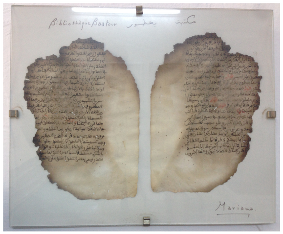 Figure 8.4: These two charred manuscript fragments hang today on the wall in the reading room of the Association pour la sauvegarde de lâîle de Djerba (ASIDJ) in Houmet Souk, Jerba. The caption above them suggests that they came originally from the al-BaÊ¿á¹Å«rÄ« collection. The story of how they arrived there proved one of the most perplexing accounts of the libraryâs destruction I encountered.