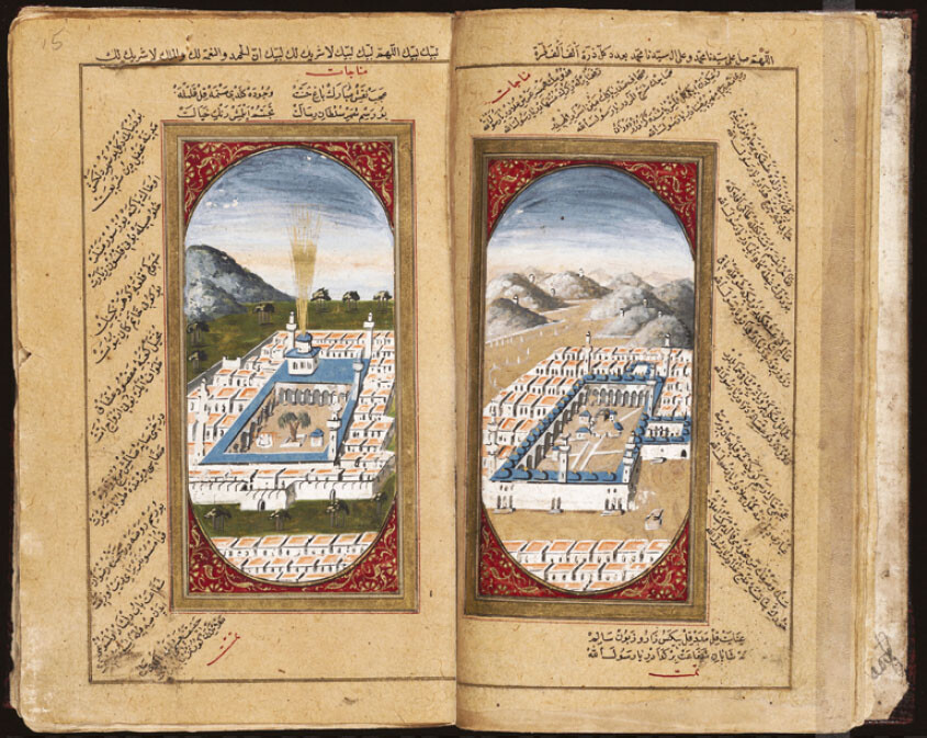 Double-page painting of Mecca and Medina from DalÄʾil al-KhayrÄt (Proofs of Good Deeds) by the fifteenth-century Moroccan Sufi, Muhammad al-Jazuli (d. 1465 in Marrakesh). In the painting of Medina (left), a date palm tree can be seen in the center of the mosque and rays of light are depicted, radiating from the Green Dome adorning the Prophet Muhammadâs grave.