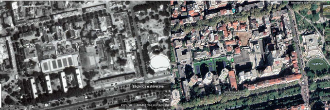 Satellite image of the Shallvaret neighbourhood in 1994 (left) and in 2023 (right)