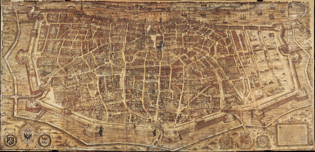 Map of Antwerp by Virgilius Bononiensis (1565). Printed by Gillis Copens van Diest. Museum Plantin Moretus, Antwerp, Collectie Stad Antwerpen
