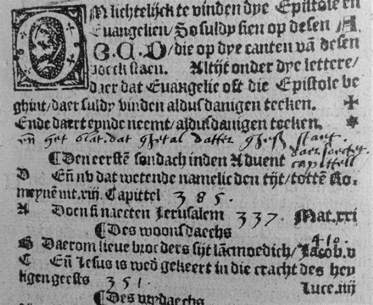 Annotation and added folio numbers in the liturgical reading schedule in a copy of Hansken van Liesvelt’s complete Bible edition of 1538. Utrecht University Library, Rariora qu.175