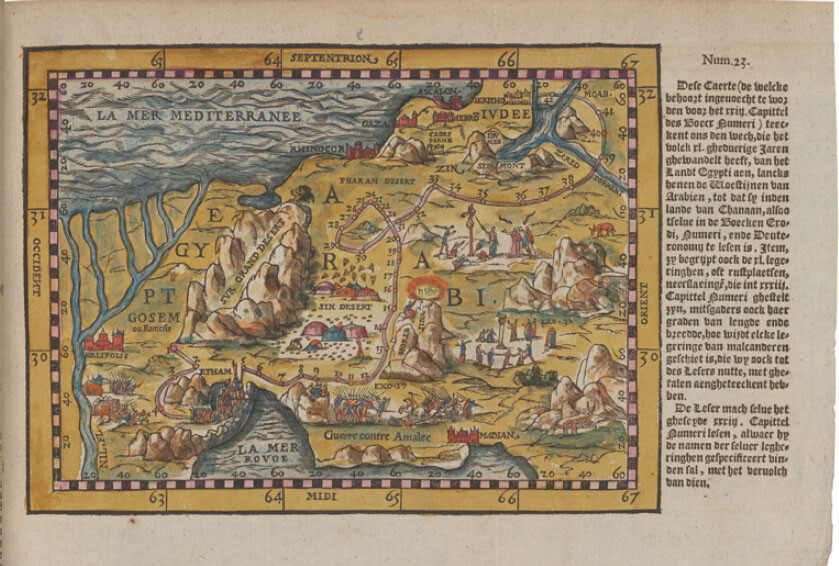 Coloured map of the wanderings of the Israelites from Egypt to Canaan, bound in before Numbers 23 in a copy of Jacob van Liesvelt’s complete Bible edition of 1534. University Library Cambridge, BSS.223.B34