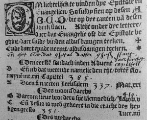 Annotation and added folio numbers in the liturgical reading schedule in a copy of Hansken van Liesvelt’s complete Bible edition of 1538. Utrecht University Library, Rariora qu.175