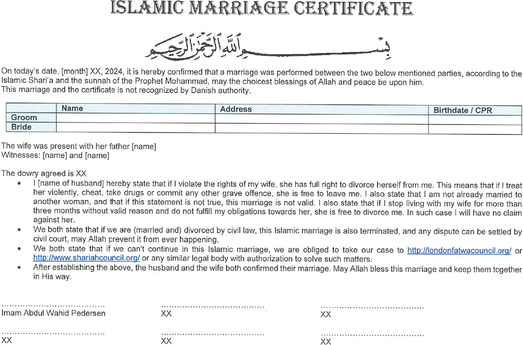 Pedersen’s standard nikah contract, 2024