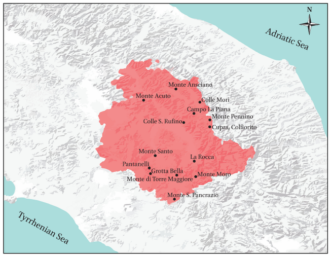 Figure 1: Modern Umbria (in red) and the location of the Umbrian sanctuaries analyzed in this book.