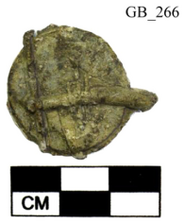 Figure A29: Lead episema. One side represents an arm fastened to the shield; the other depicts three men under a tree (inv. N. 50435; by permission of the Soprintendenza ABAP dellâUmbria).