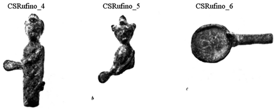 Figure A150: Schematic figures of female and male worshiper (left and center); arm of worshiper with patera (right) (inv. NN. 10, 13, and 18; Monacchi 1986, tav. 39aâc).