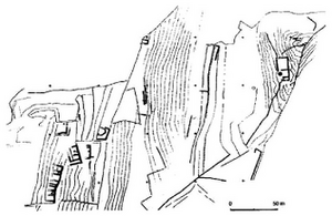 Figure 26: Plan of the Colle Mori Umbrian settlement. On the right: the sacred area (after Bonomi Ponzi 2010, 184 fig. 25).