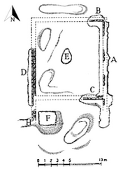 Figure 27: Plan of the sacellum: letters A, B, and C indicate the walls of the cella; E is the pit; F is the cistern inside the pronaos (modified after Stefani 1935, 156, fig. 2).