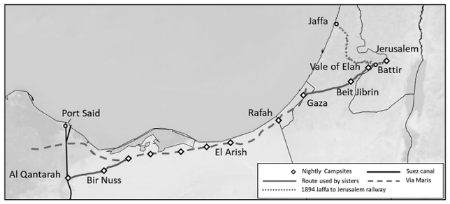 Figure 15.1: Sketch map of Margaretâs journey to Jerusalem showing overnight stops; those between Bir Nuss and El Arish are approximate.