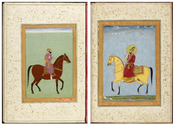 Figure 3.3e: Double-page opening; left: Amir on horseback, Mughal India, c. 1670â1680; right: Equestrian portrait of Muhammad Farrukh Siyar, Mughal India, c. 1715, Large Clive Album