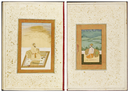 Figure 3.4a: Double-page opening; left: Seated noble, Mughal India, second quarter of eighteenth century; right: Rajput ruler, possibly Hari Singh of Kishengarh, Mughal India, c. 1640, Large Clive Album