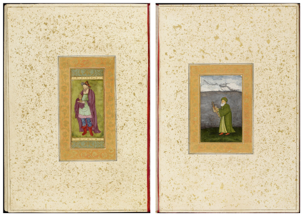 Figure 3.8a: Double-page opening; left: Man in antique dress holding a goblet with lid (after a European engraving), Mughal India, eighteenth century (?); right: Muslim saint (al-Khidr) bearing regal insignia, Mughal India, mid-eighteenth century, Large Clive Album