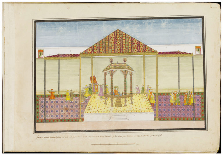 Figure 6.4: âFameux trosne de Chadjehan â¦â (Famous throne of Shah Jahan), from a volume assembled by Gentil with illustrations by Nevasi Lal, Mohan Singh, and other unidentified artists