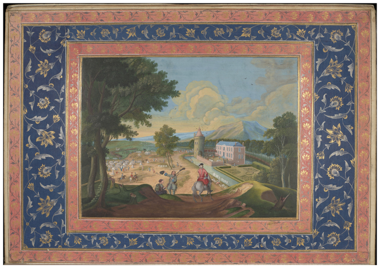 Figure 7.7: Military camp in front of a castle modelled on a European painting, signed by Mihr Chand, Polier album