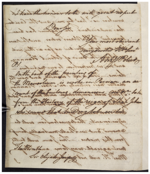 Figure 7.8: Last page from a letter by Antoine Polier to Sir Elijah Impey, dated 16 April 1783