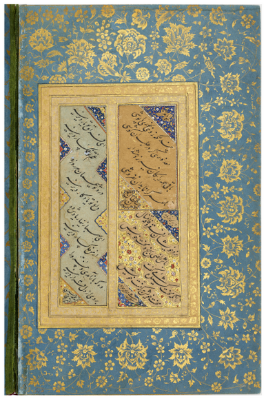 Figure 10.14: A folio combining three master calligraphy pieces: two double verses (top right) ascribed to Sulá¹Än Muḥammad KhandÄn; two double verses signed by his teacher Sulá¹Än Ê¿AlÄ« MashhadÄ« (below); and four double verses by (Mulla) Muḥammad Ḥusayn TabrÄ«zÄ« (left)