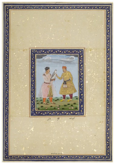 Figure 12.9: Akbar and Jahangir with a royal falcon, from an album assembled for Polier in Shahjahanabad (Delhi) on 27 Rajab 1190 (11 September 1776)