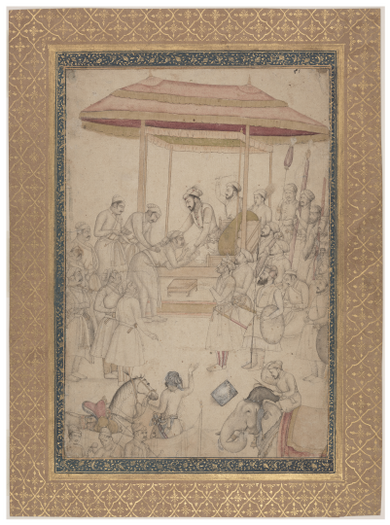 Figure 13.3: Rana Amar Singh of Mewar submits to Prince Khurram in February 1615, attributed to Mihr Chand, Faizabad or Lucknow, c. 1765â1775