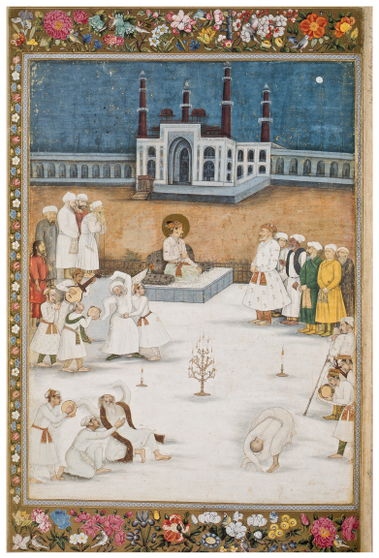 Figure 13.6: Dervishes dancing before Jahangir, attributed to Mihr Chand, Delhi, c. 1745, St Petersburg Album, fol. 28r. Museum of the History of Religion, St Petersburg. (after Elena Kostiukovitch (ed.): The St. Petersburg Muraqqaʿ: Album of Indian and Persian Miniatures from the 16th through the 18th Century and Specimens of Persian Calligraphy by ʿImad al-Hasani, Milan: Leonardo Arte, 1996, pl. 198)
