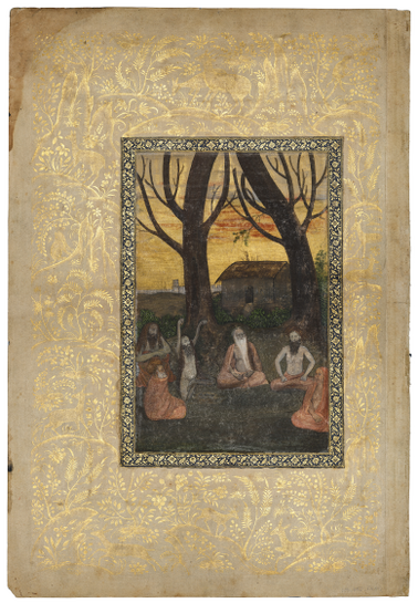 Figure 13.13: A gathering of mystics around a campfire, signed by Payag on the tree trunk above the asceticâs outstretched left hand, Mughal court, c. 1640, folio from the St Petersburg Album