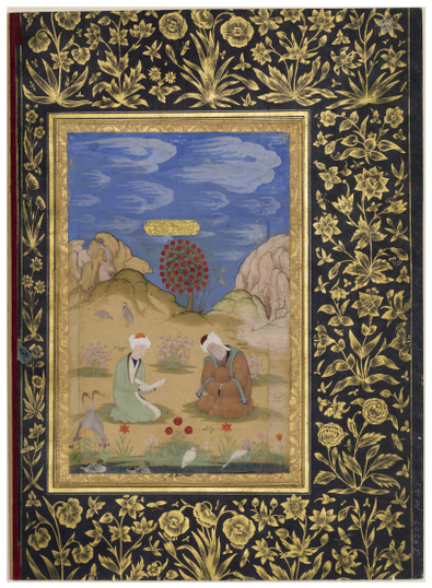 Figure 13.14: Shaykh SaÊ¿d al-Din Hamuwayi converses with Shaykh Ê¿Ayn al-Zaman, ascribed spuriously Ê¿amal-i (work of) Hashim on the painting field, but attributed to Mihr Chand, Faizabad, c. 1765â1773