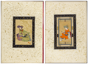 Figure 3.1a: Double-page opening with two single-page miniatures of Persian young men, Iran, 1620â1650, Large Clive Album