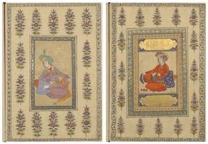 Figure 3.1b: Double-page opening with two single-page miniatures of Persian young men, Iran, 1620â1650, album of 44 folios with Indian and Persian paintings