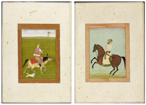 Figure 3.3c: Double-page opening; left: Persian prince on horseback hawking, Mughal India, seventeenth century or later; right: Equestrian portrait, Mughal India, eighteenth century, Large Clive Album