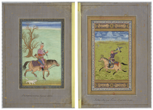 Figure 3.3d: Double-page opening; left: Persian prince on horseback hawking, Mughal India, mid-seventeenth century; right: Falconer on horseback, Mughal India, seventeenth century, Shir Jang Bahadur Album