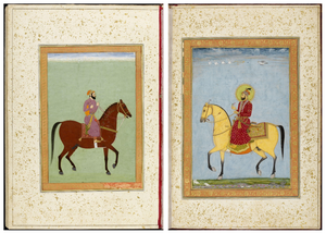 Figure 3.3e: Double-page opening; left: Amir on horseback, Mughal India, c. 1670â1680; right: Equestrian portrait of Muhammad Farrukh Siyar, Mughal India, c. 1715, Large Clive Album