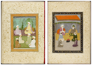 Figure 3.5a: Double-page opening; left: A group of Muslim holy men, Mughal India, late seventeenth/early eighteenth century; right: Shal ʿAbduʾl Qadir and Khwaja Muʿin al-din Chisthi, Mughal India, c. 1760/65, Large Clive Album