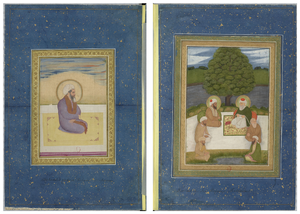 Figure 3.5b: Double-page opening; left: Khwaja Muʿin al-din Chisthi, Mughal India, seventeenth century; right: A group of Muslim holy men, Mughal India, mid-eighteenth century, Shir Jang Bahadur Album