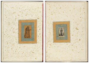 Figure 3.5c: Double-page opening; left: European lady holding a dish of fruit, Mughal India, late seventeenth century; right: Virgin Mary holding Christ Child on crescent moon, engraving, Flemish, sixteenth century, Large Clive Album