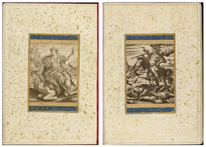 Figure 3.7b: Double-page opening; left: Asia, from a series of the four continents, mirror-inverted copy after Adriaen Collaert (engraver) and Maarten de Vos (inventor), Flanders or Netherlands, second half of sixteenth century; right: Alexander Magnus, copy after Adriaen Collaert (engraver) and Maarten de Vos (inventor), Flanders or Netherlands, second half of sixteenth century, Large Clive Album