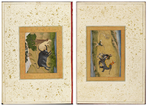 Figure 3.9a: Double-page opening; left: A lion in combat with a water buffalo, Mughal India, first half of eighteenth century; right: Three men lion-hunting, Mughal India, seventeenth century, Large Clive Album