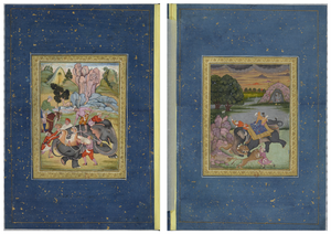 Figure 3.9b: Double-page opening; left: Hunters strapping a dead lion onto an elephant, Mughal India, mid-seventeenth century; right: Lion hunting, Mughal India, mid-seventeenth century, Shir Jang Bahadur Album