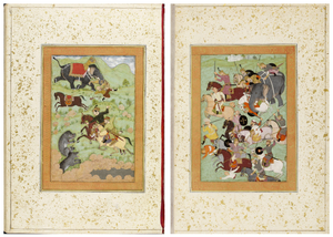 Figure 3.9d: Double-page opening; left: Rajput princes hunting bears, Mughal India, mid-seventeenth century; right: Battle between the forces of Iran and Turan, Mughal India, mid-seventeenth century, Large Clive Album
