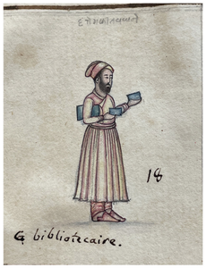 Figure 6.3: âBibliotecaireâ (Darogha ketabkhana) from a volume assembled by Gentil with illustrations by Nevasi Lal, Mohan Singh and other unidentified artists, annotated by Gentil in French and here by one of the artists in kaithi script, Awadh (Uttar Pradesh), Faizabad, 1774