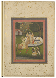 Figure 7.1: A prince on horseback receiving water from village girls at a well, Mughal, attributed to Mir Kalan Khan, c. 1735â1738, Gentil album
