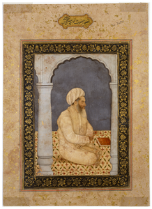 Figure 13.8: Khwaja Muʿin al-Din Chishti kneels under a scalloped archway holding a book, attributed to Mihr Chand, Faizabad, c. 1775