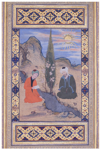 Figure 13.15: Shaykh Mahmud Shabistari converses with Shaykh Ibrahim, ascribed sawwarahu al-Ê¿abd BihzÄd (work of the slave Bihzad), attributed to Mir Sayyid Ê¿Ali, Mughal court, c. 1560â1565, folio from the Jahangir Album