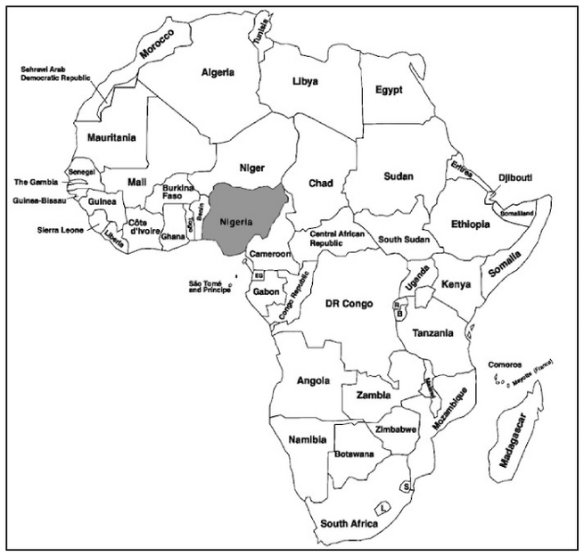 Nigeria in African Map (Drawn by the researcher based on the template in: geocurrents.info, accessed: May 5, 2022)