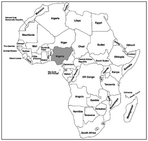 Nigeria in African Map (Drawn by the researcher based on the template in: geocurrents.info, accessed: May 5, 2022)